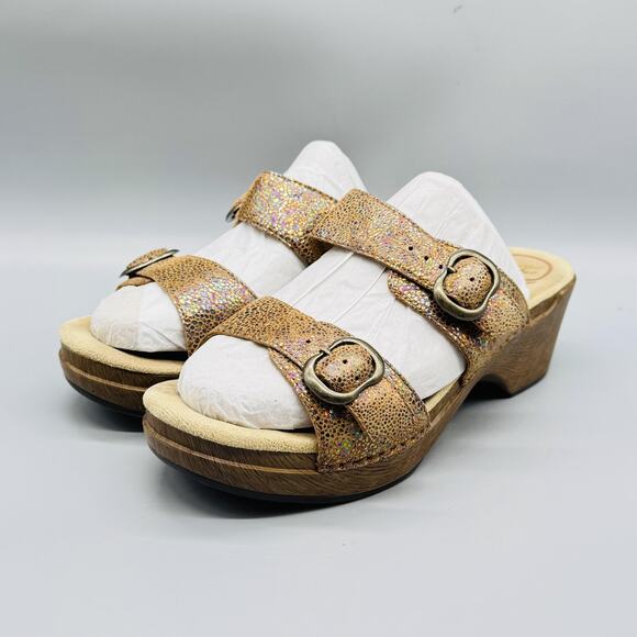 Dansko Sandals Womens 9.5 Gold Sophie Wedge Slide Double Buckle Strap Comfort - Picture 4 of 13